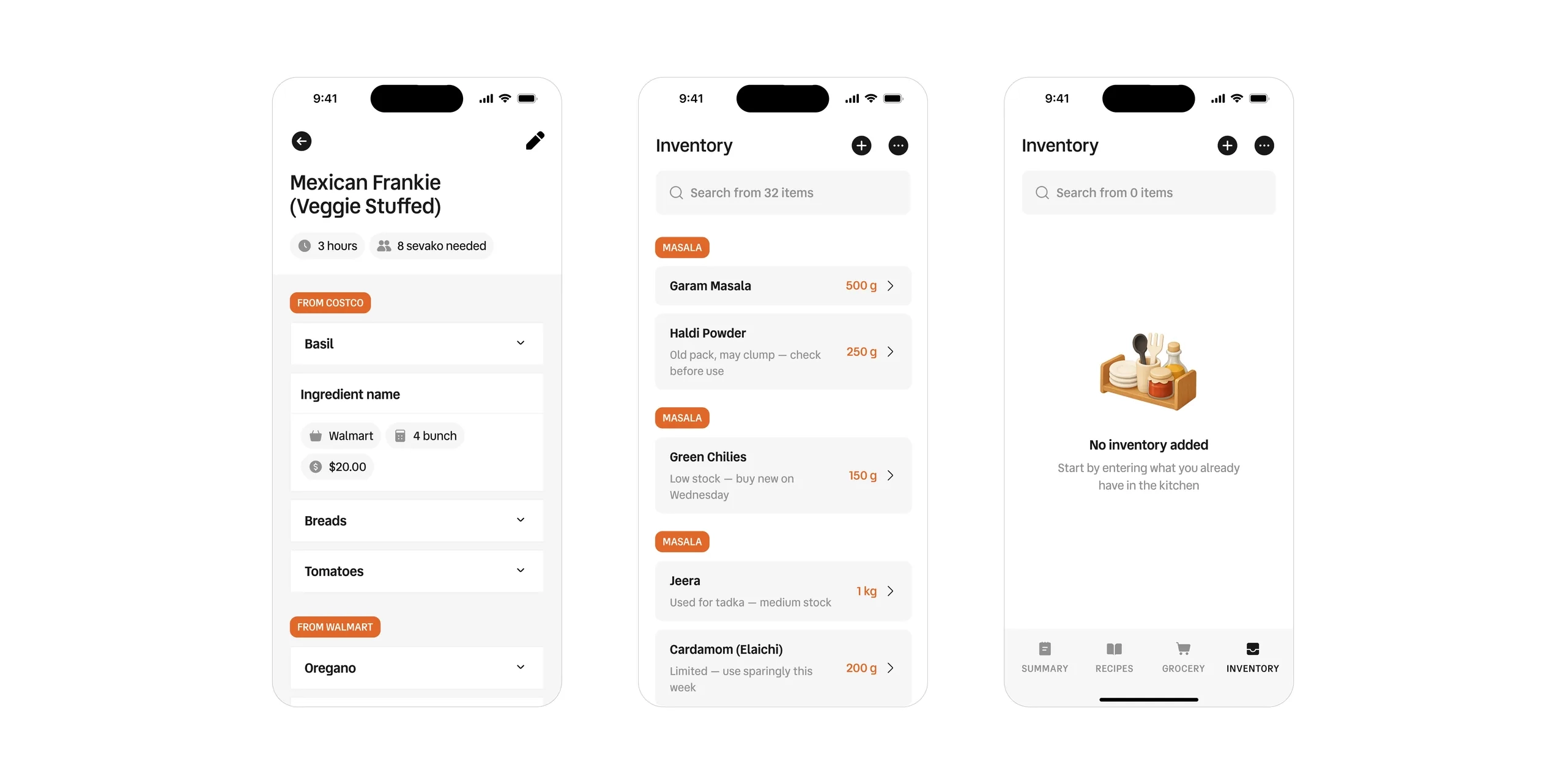 Recipe details and inventory tracking