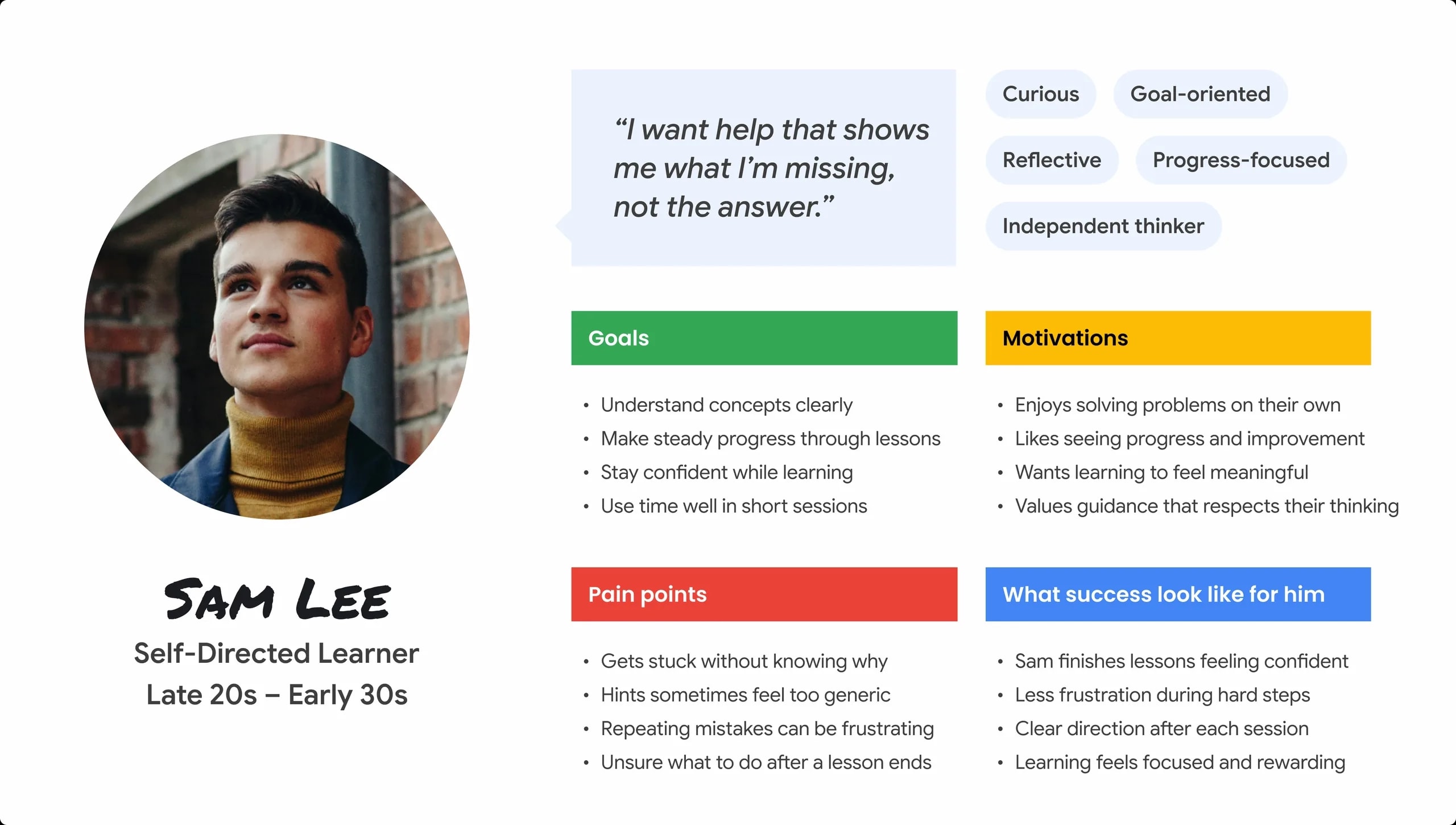 User persona for Sam, a motivated self-directed learner, with goals and frustrations