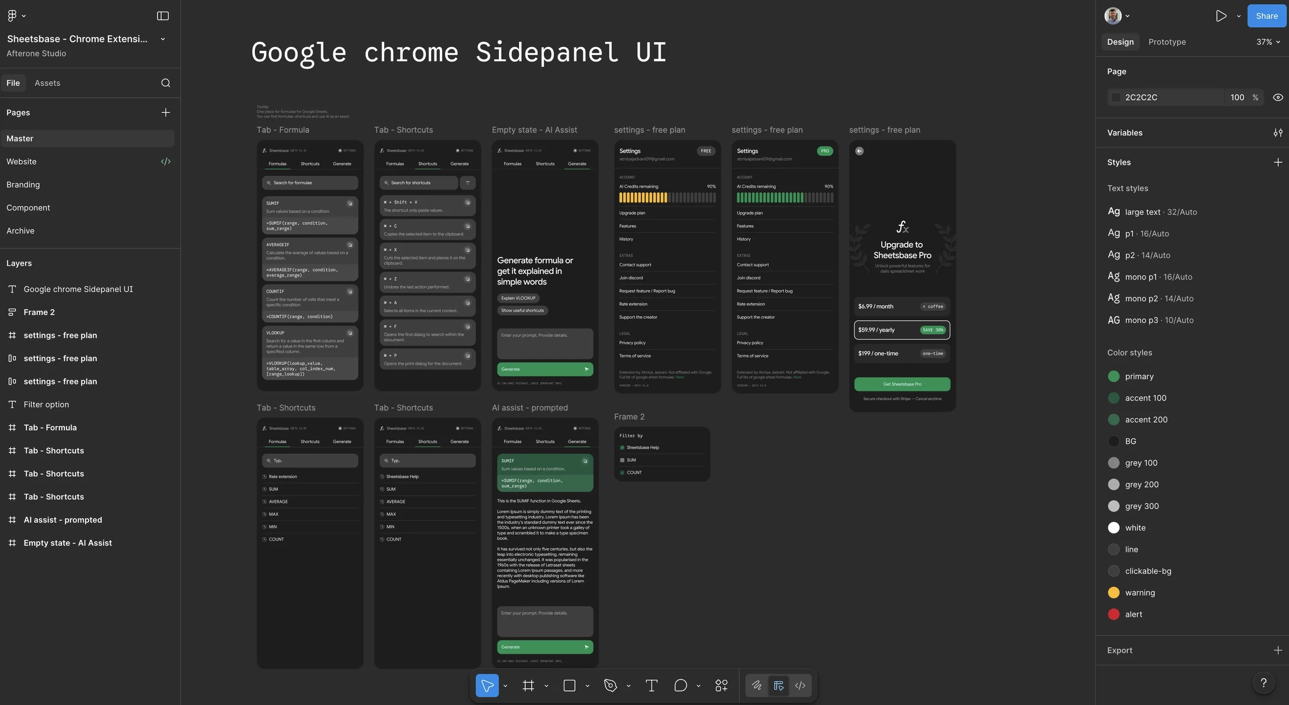 Sheetsbase wireframes and design iterations for the side panel