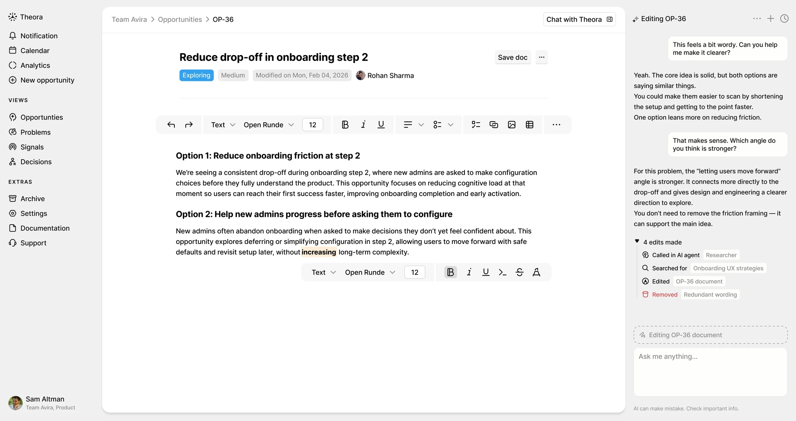 Theora editor with inline AI suggestions linking requirements to quotes