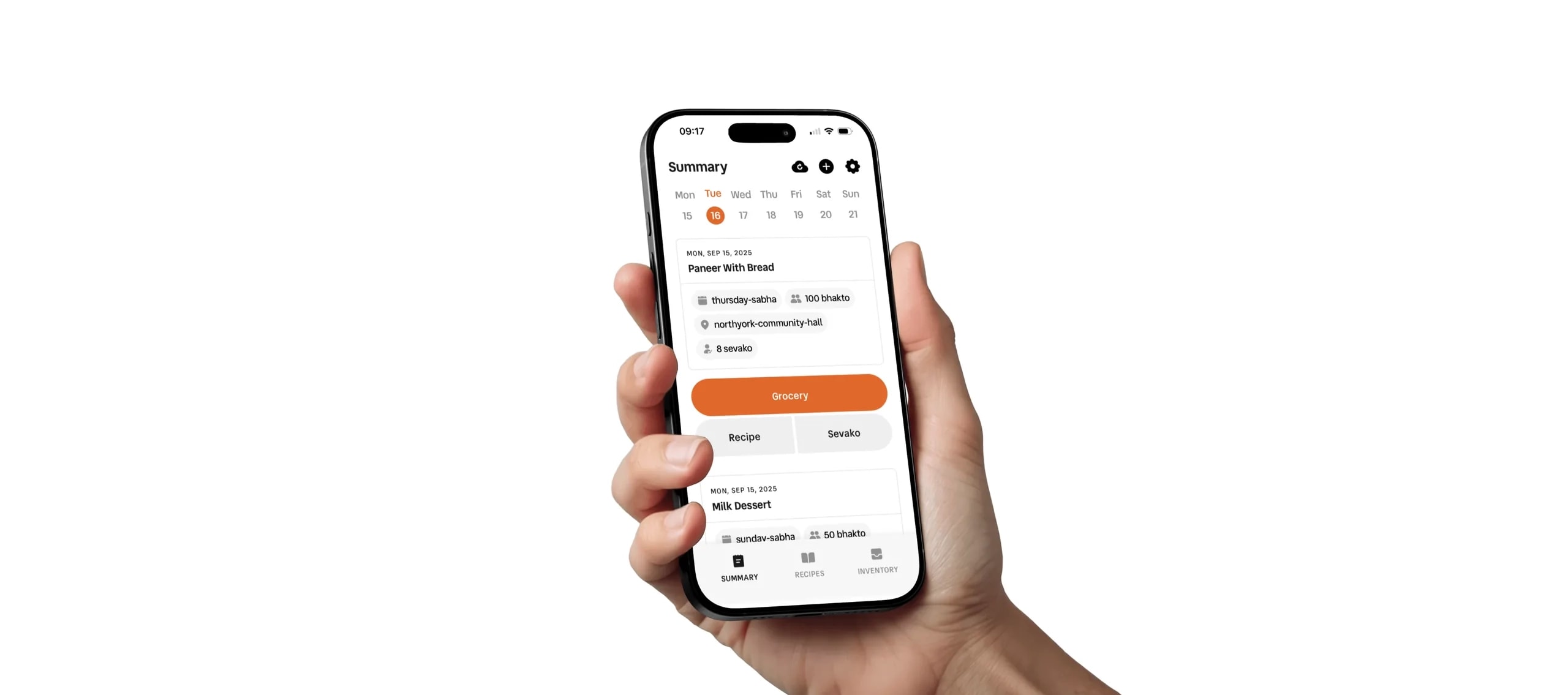 Prabodham Prasad app screens showing today’s tasks, recipes and grocery lists
