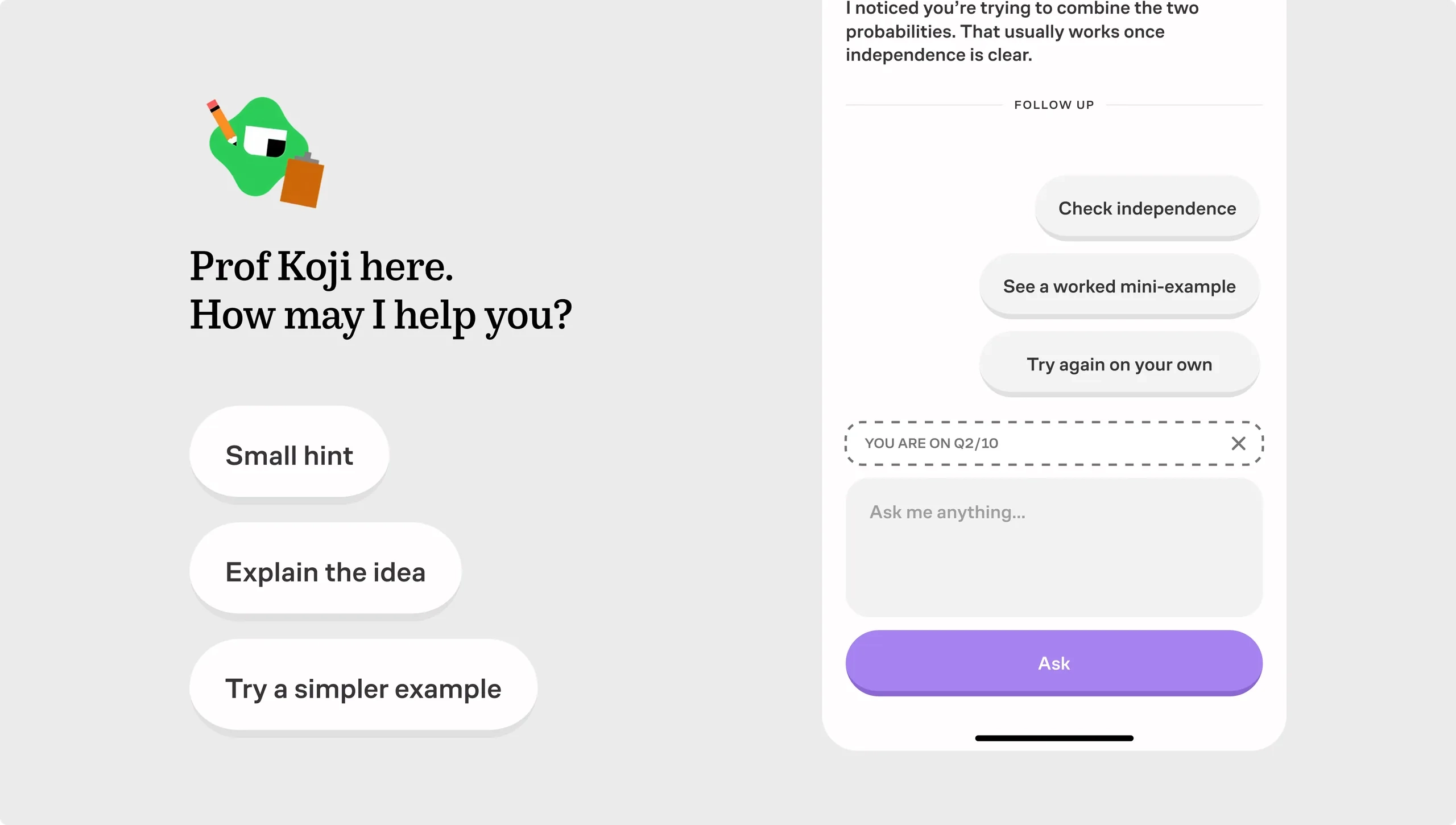 Proposed AI companion interface embedded within a Brilliant lesson