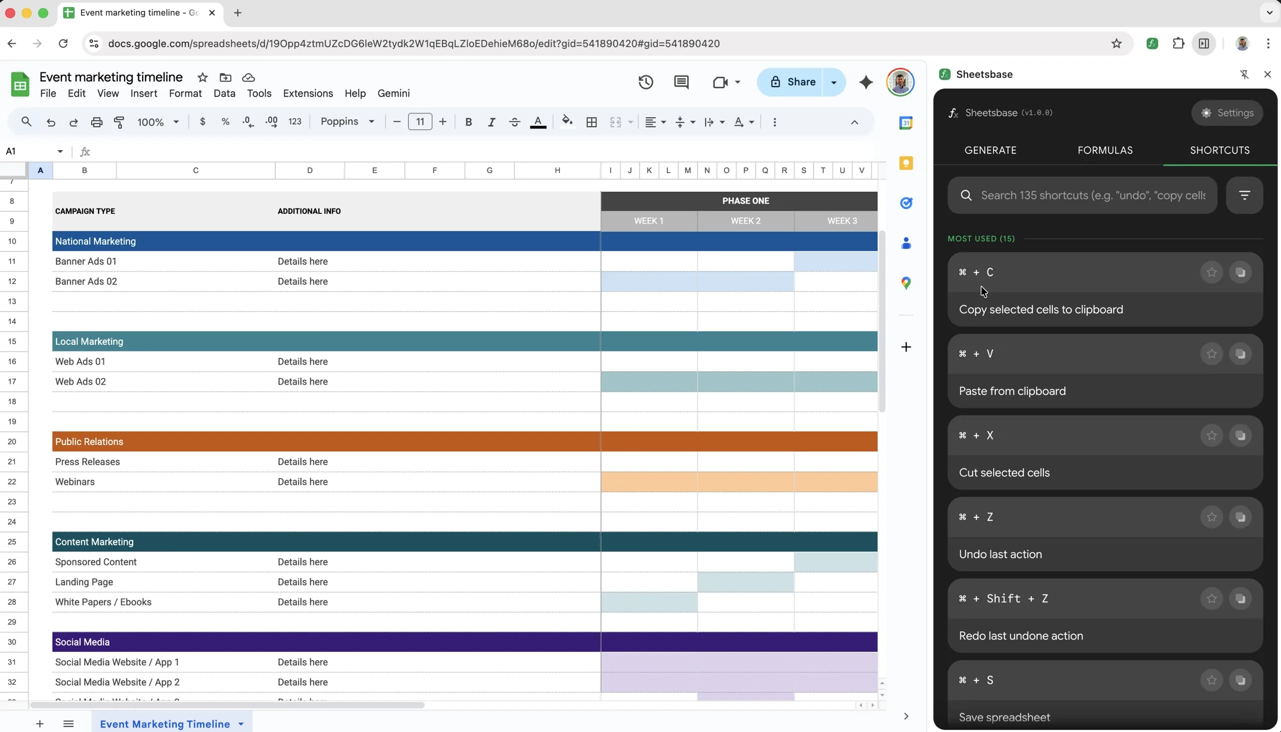 Shortcuts tab listing Google Sheets keyboard shortcuts