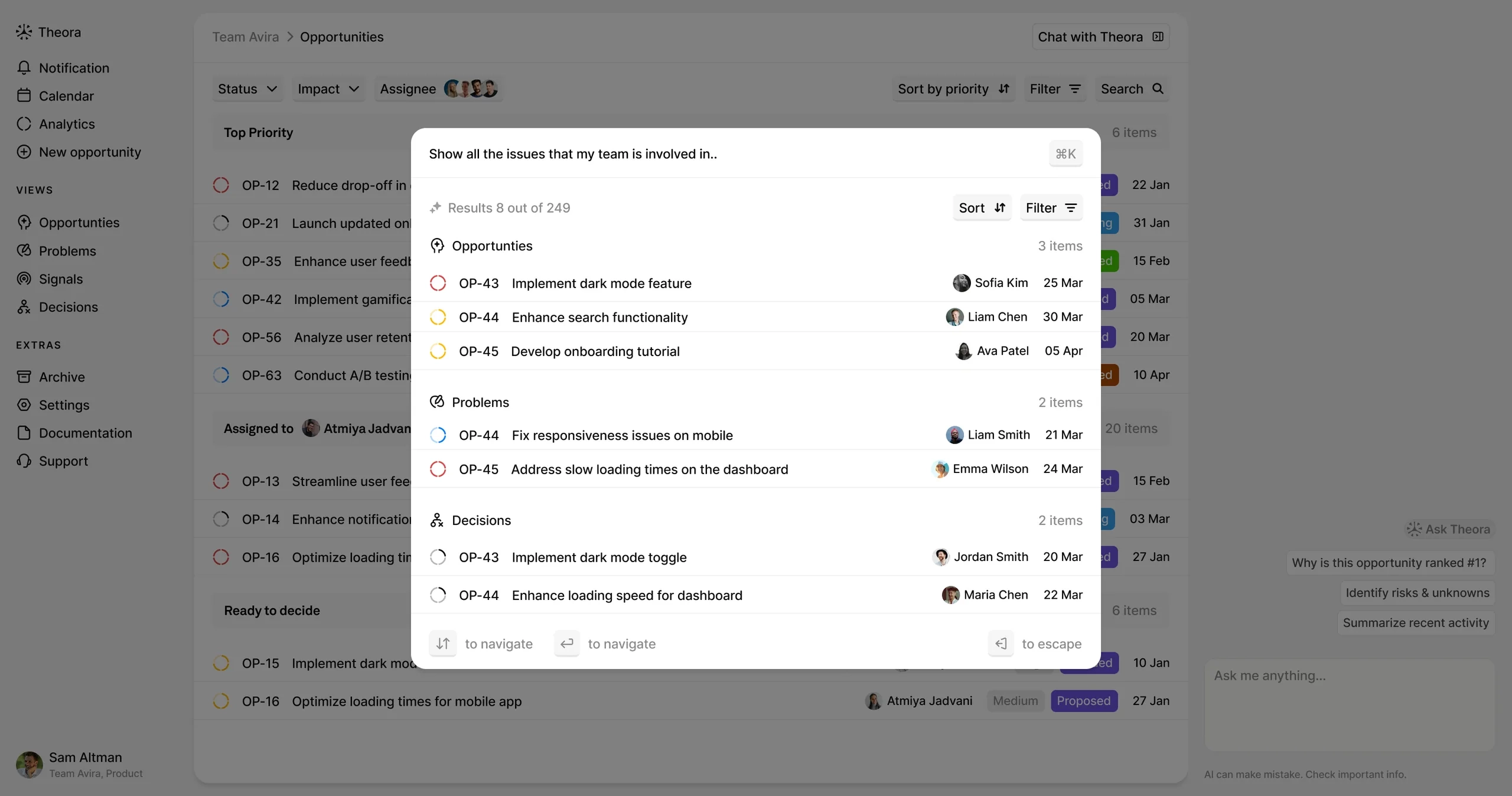 Theora command palette searching across customer evidence