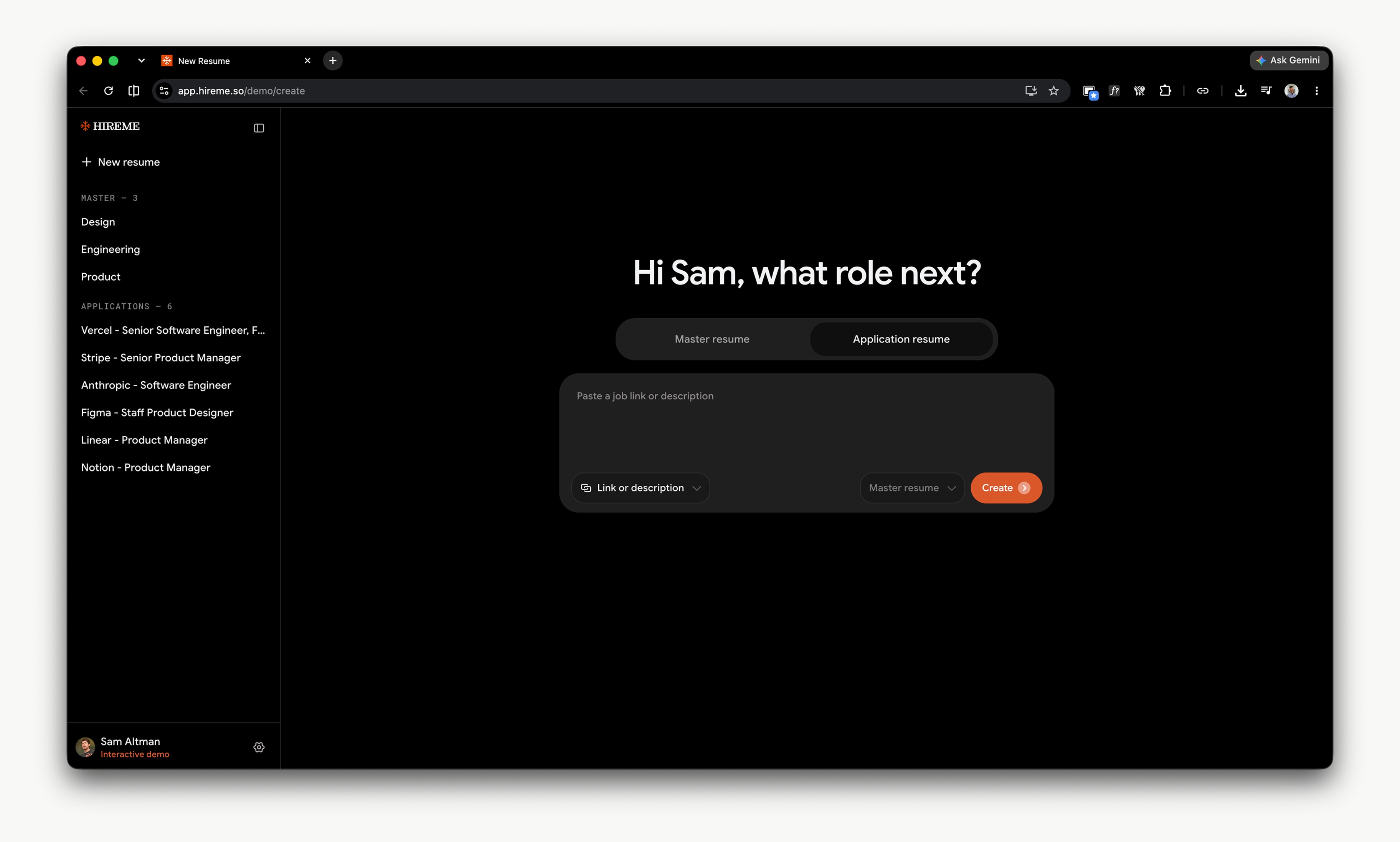 Hireme.so create screen asking what role is next, with a job link field and master resume picker