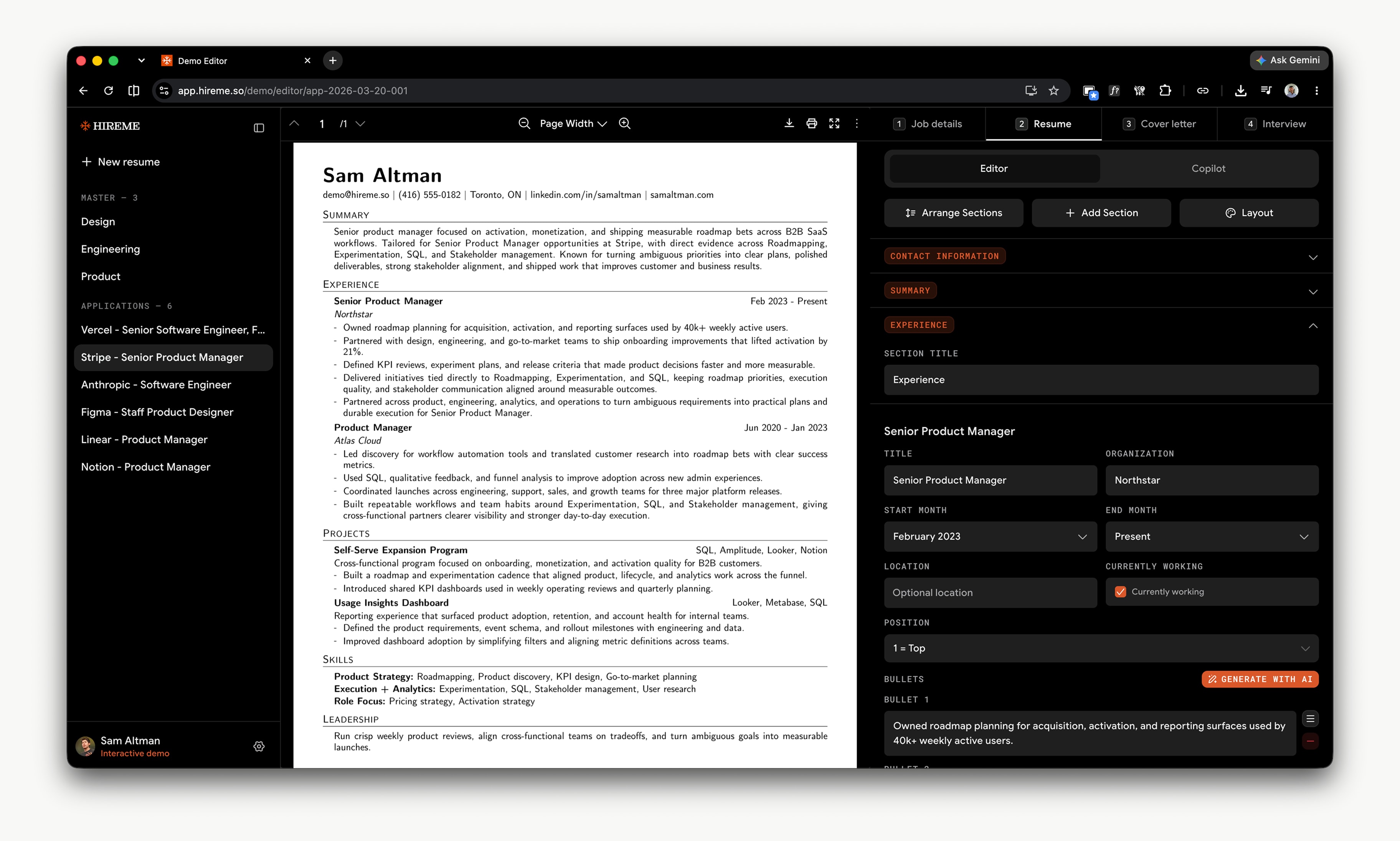 Hireme.so resume editor with PDF preview on the left and editable experience fields on the right