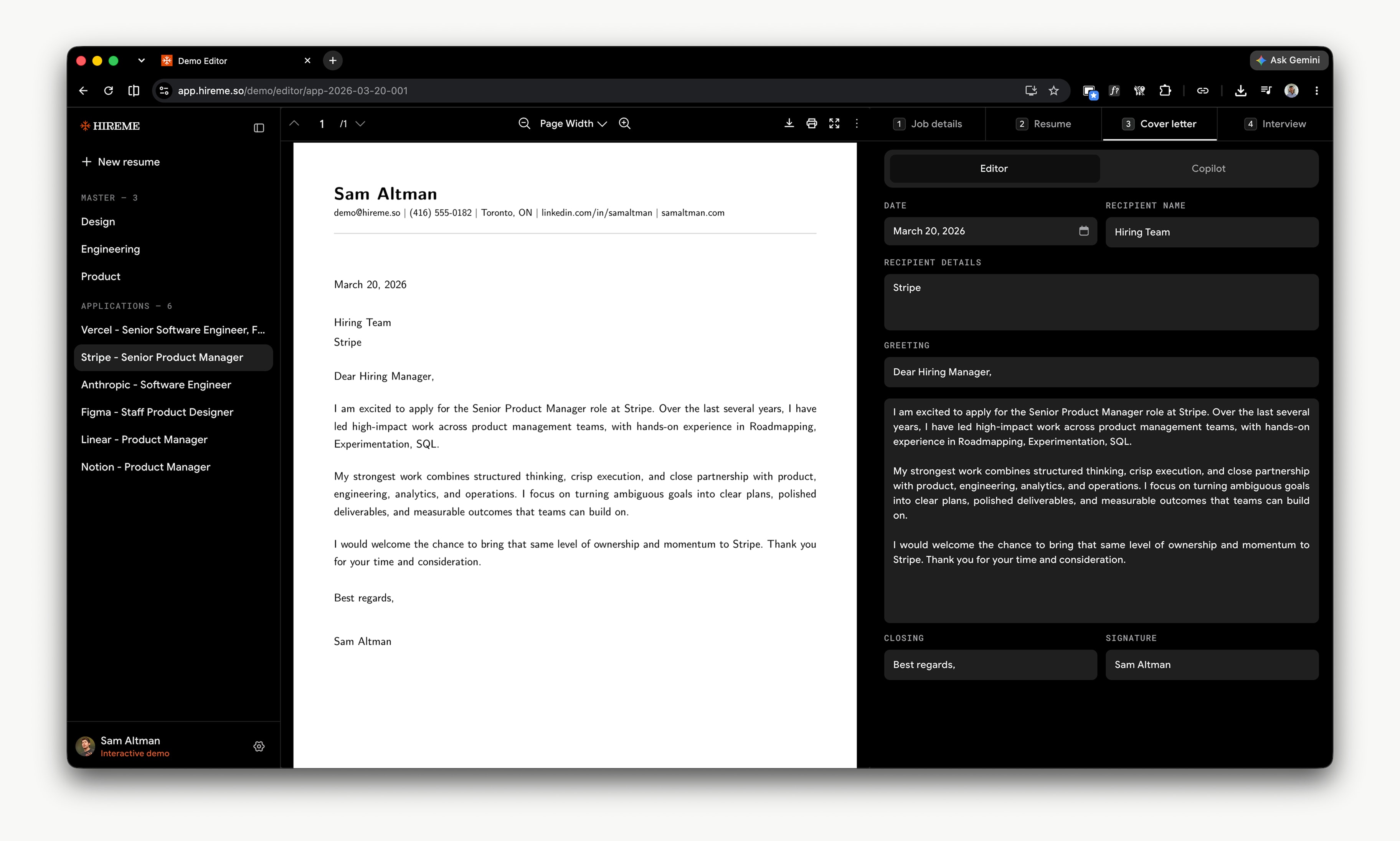 Hireme.so cover letter editor with a live letter preview beside the form