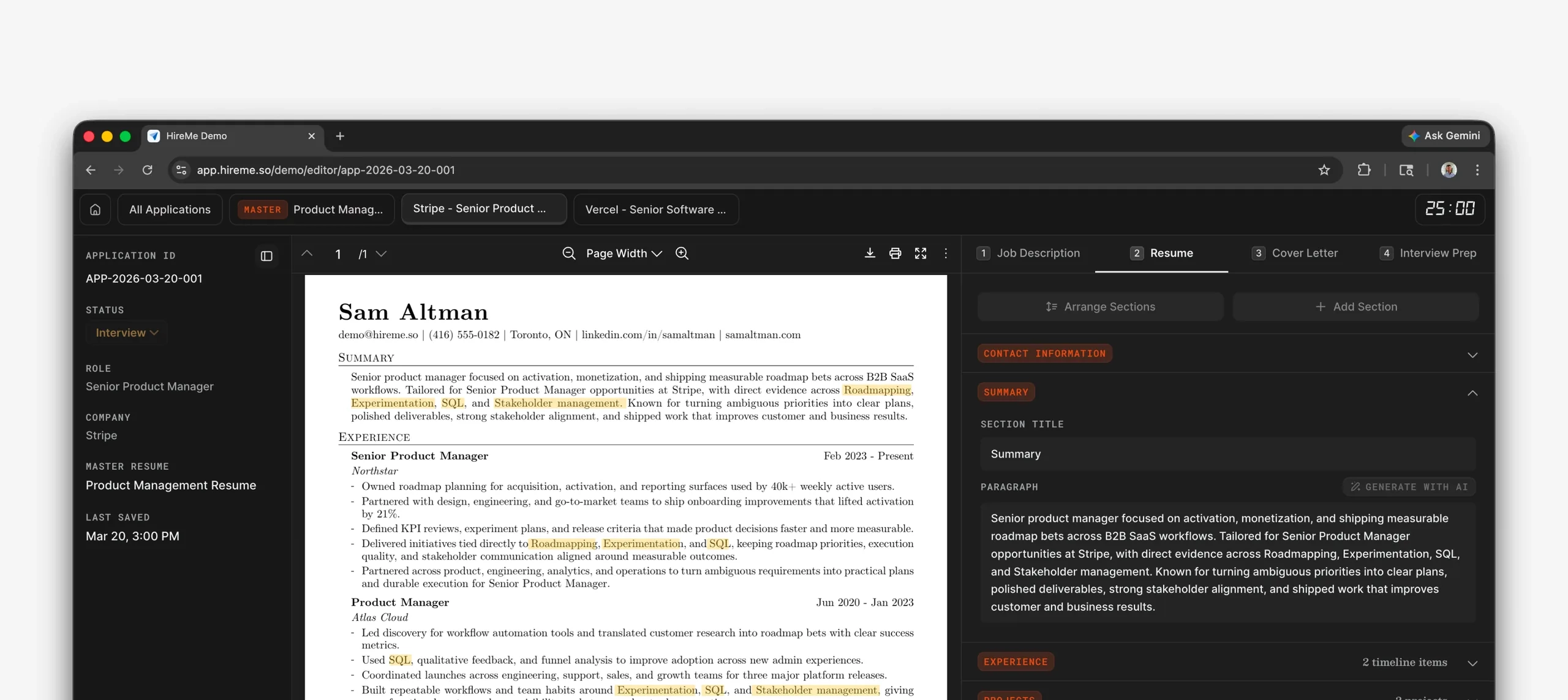 Hireme.so editor: a resume with job keywords highlighted beside a structured editing panel